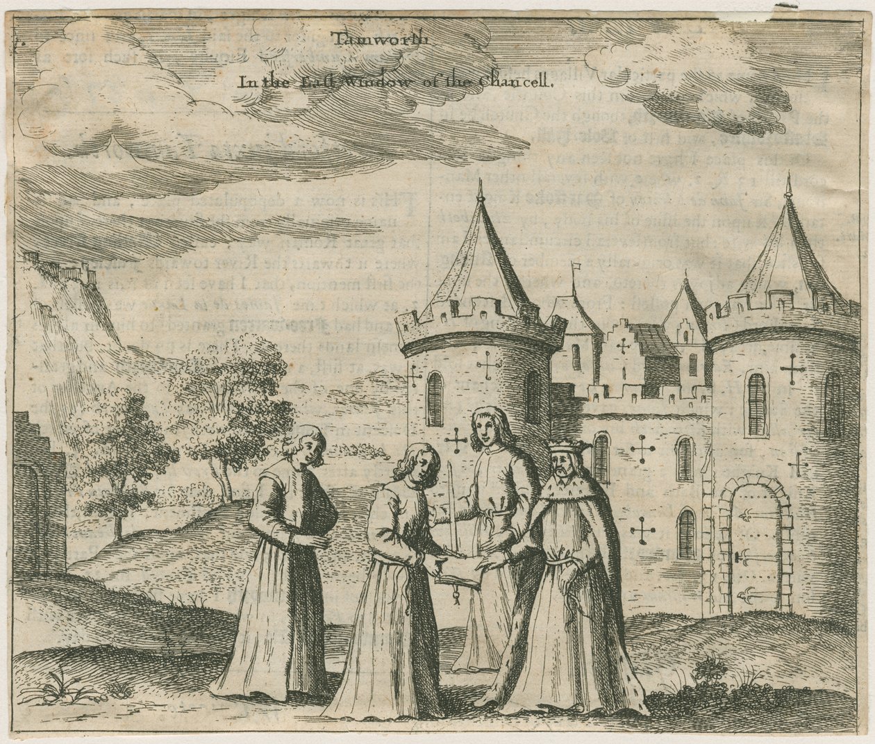 Tamworth Castle - Vindusglass: gravering og [?1600-tallet] (trykk) av William Dugdale