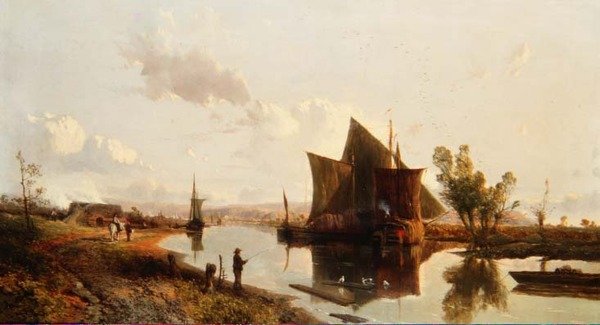 Fortøyd for natten (panel) av William E. Jones