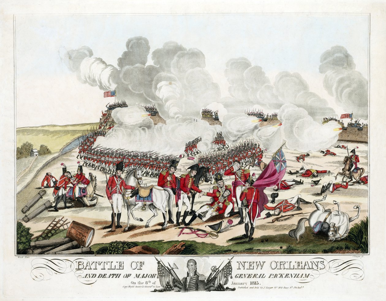 Slaget ved New Orleans og generalmajor Packenhams død den 8. januar 1815, pub. 1815 (farget gravering) av William Edward (after) West