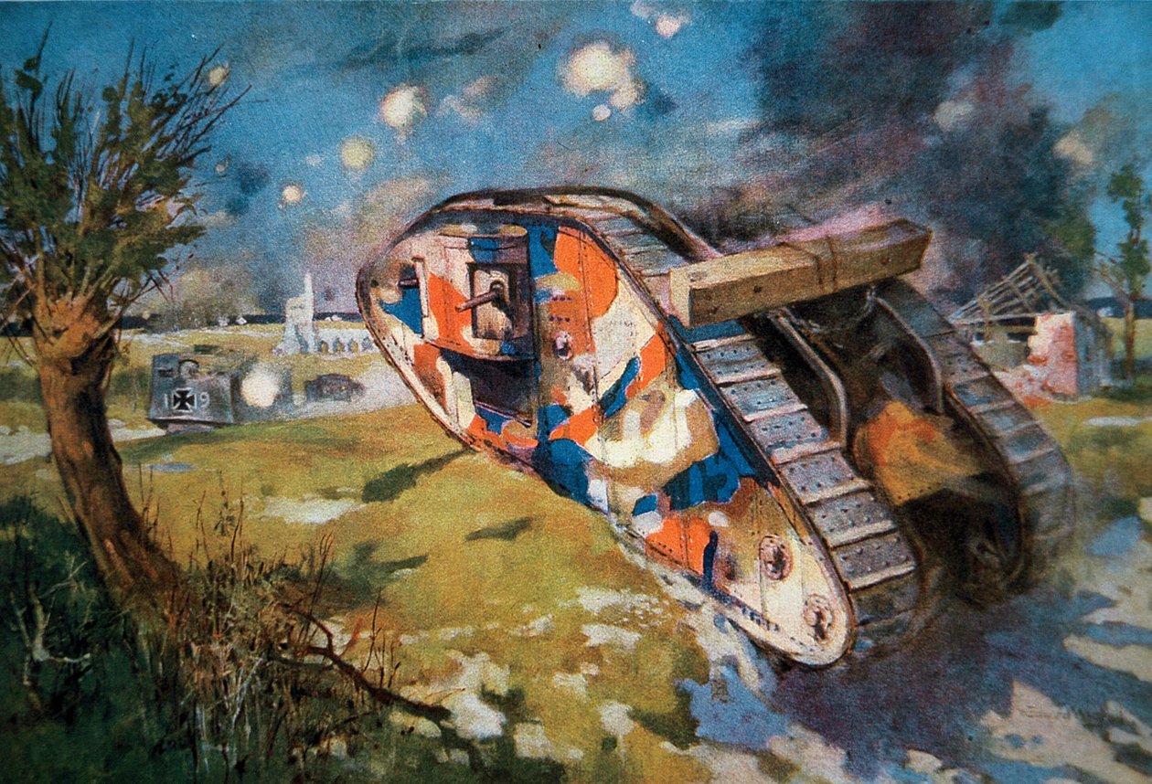 Kamuflert britisk Mk IV-tank i aksjon mot en tysk tank i WW1, illustrasjon publisert i 'The Sphere', august 1918 (farge litho) av William Edward (after) Wigfull