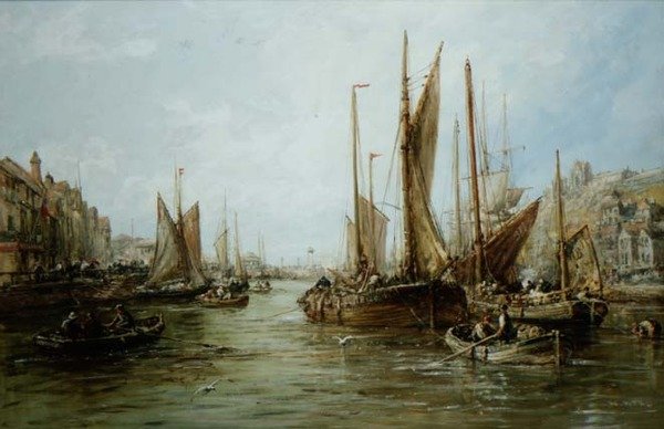 Kaikant med fiskebåter av William Edward Webb