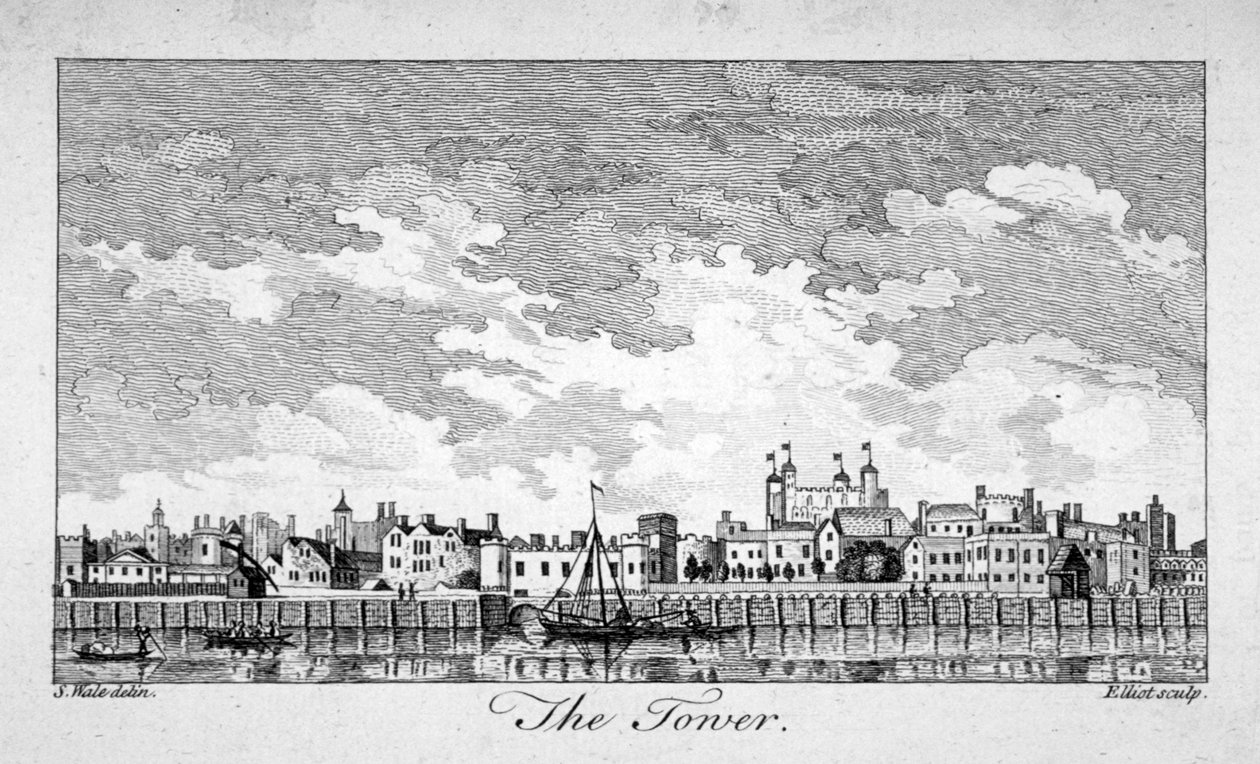 Sørutsikt over Tower of London med båter på Themsen, 1761 av William Elliot