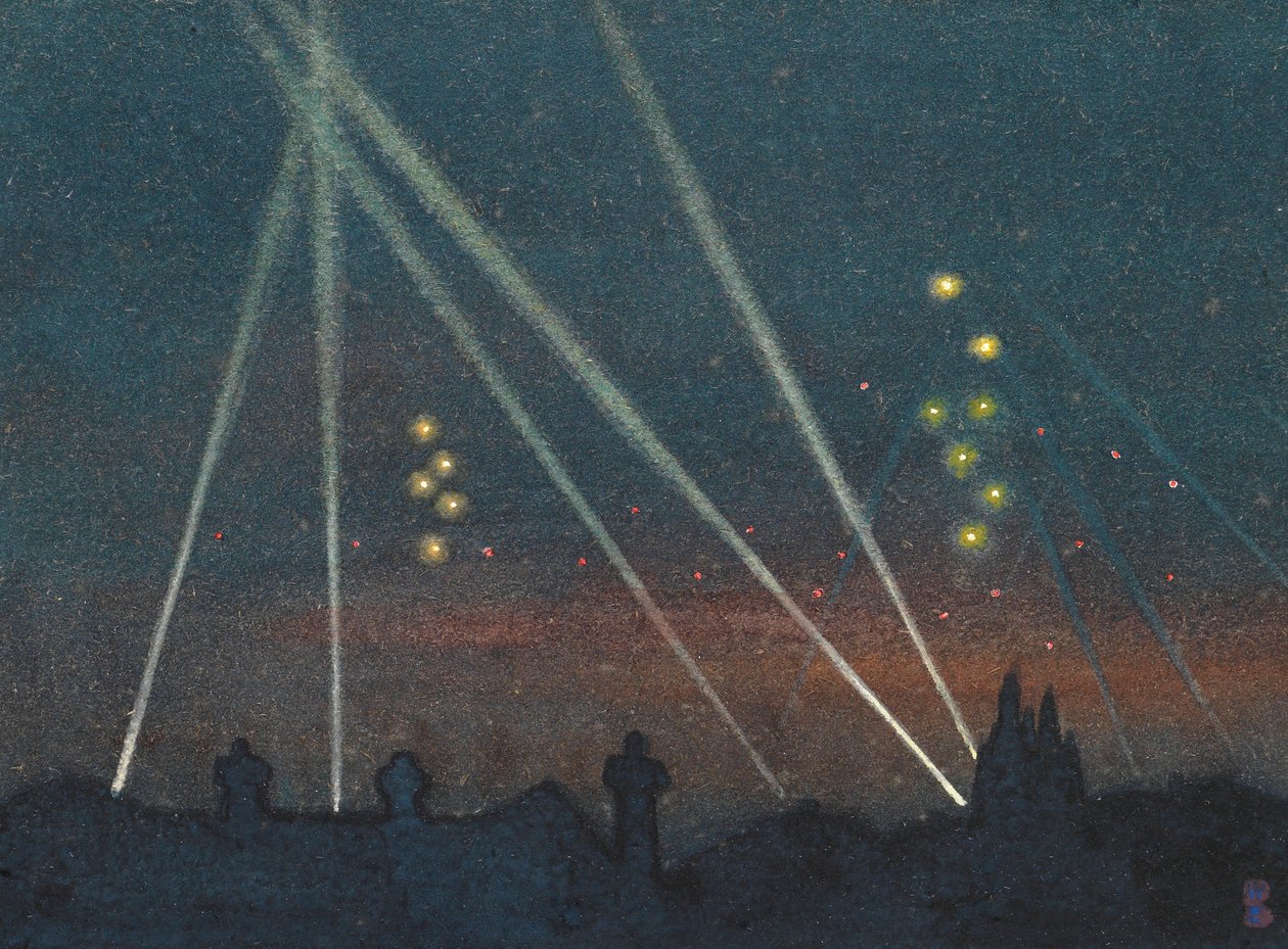 Søkelys under et bombeangrep (akvarell på papir) av William Ernest Buchanan