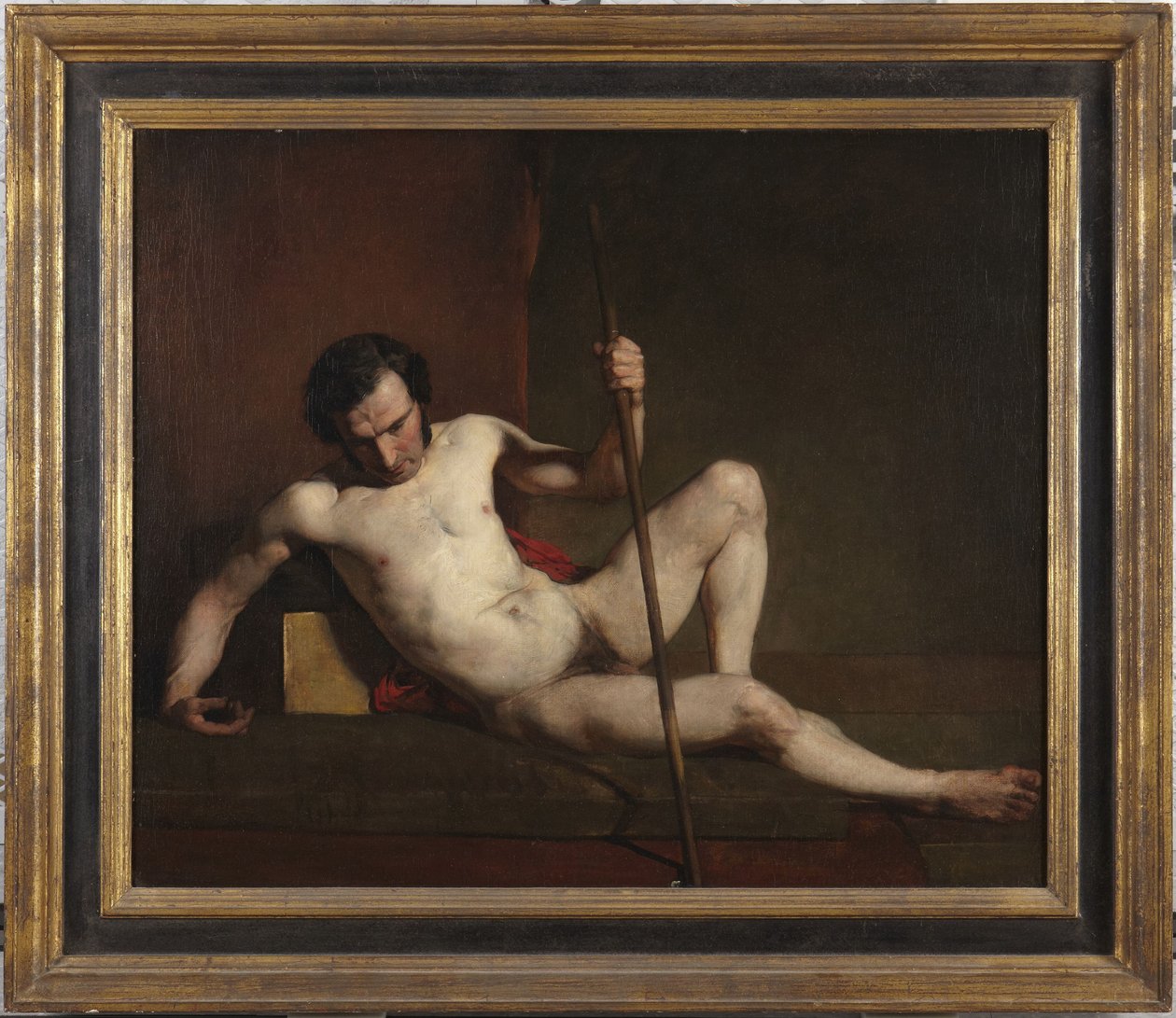 Mannlig nakenmodell som lener seg mot en stav av William Etty