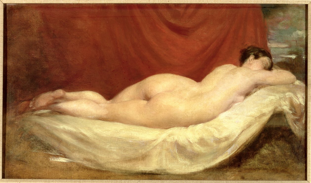 Naken liggende på en sofa mot en rød gardin av William Etty