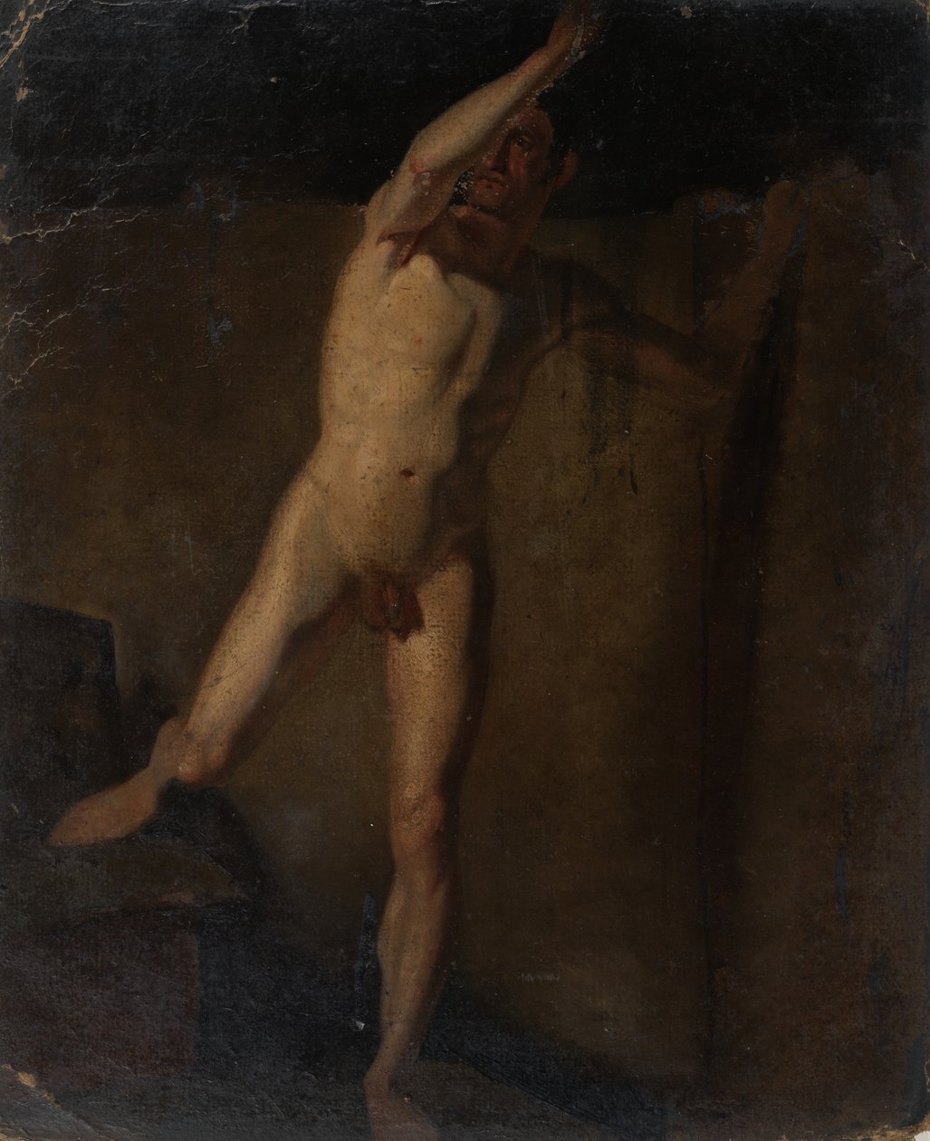 Stående mann naken, hevet høyre arm, høyre fot hviler på blokker av William Etty