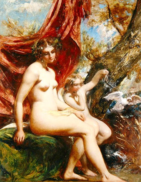 Venus og Amor med en due (olje på panel) av William Etty