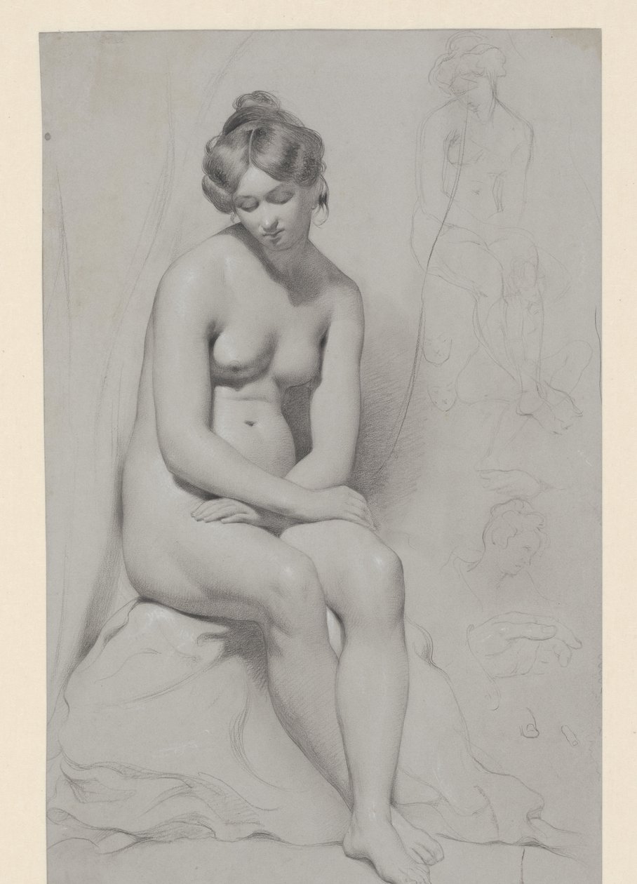Sittende naken kvinnelig modell med høy hårklipp, skissert igjen ved siden av av William Etty
