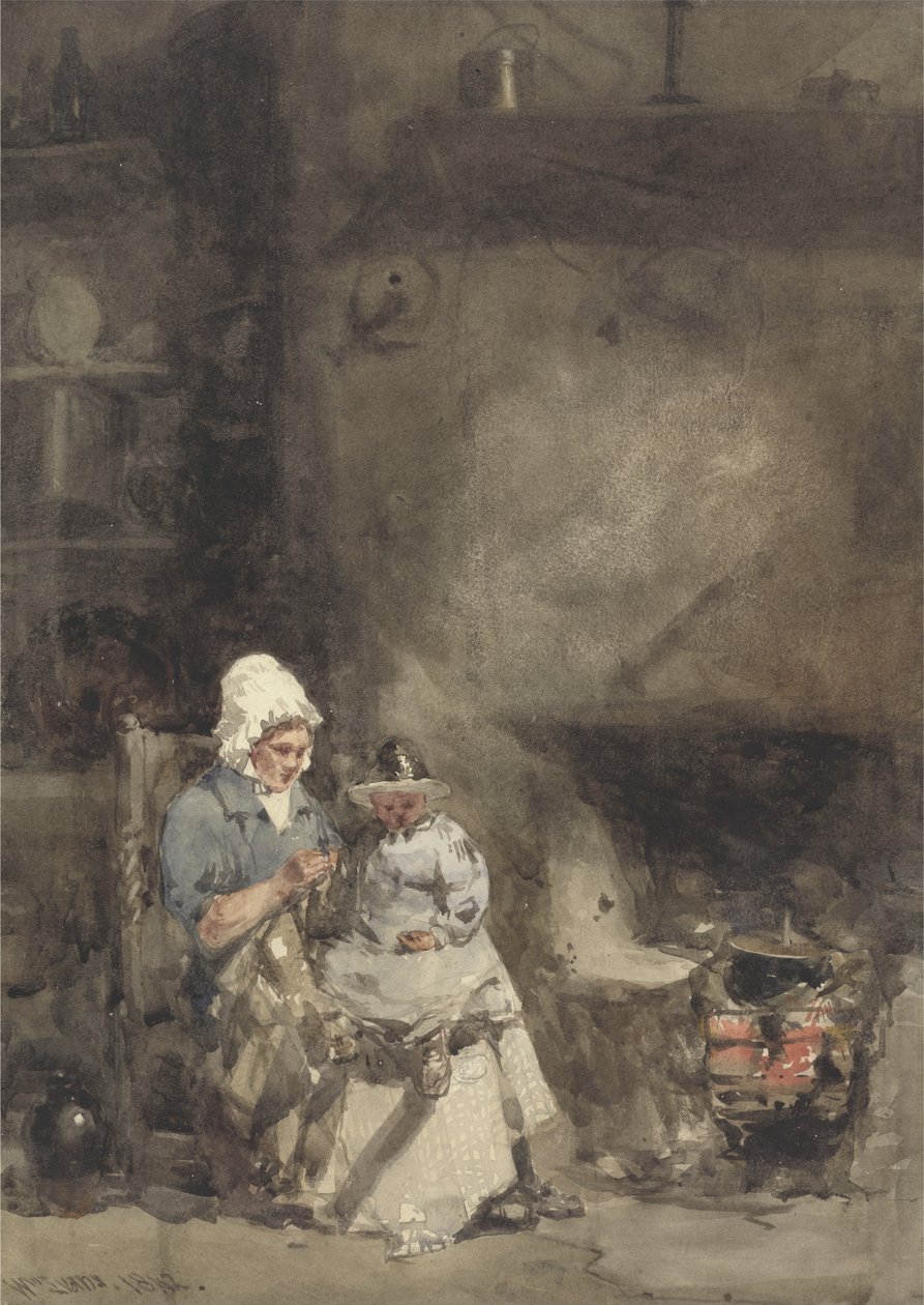 A Woman and Child by a Hearth, 1842 (wc over grafitt på papir) av William Evans