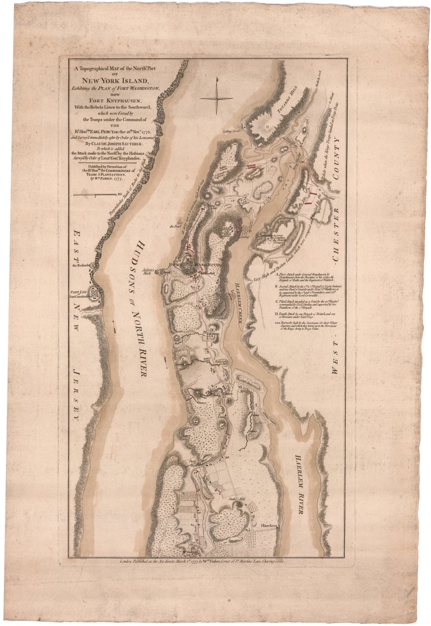 Et topografisk kart over den nordlige delen av New York Island av Sauthier av William Faden