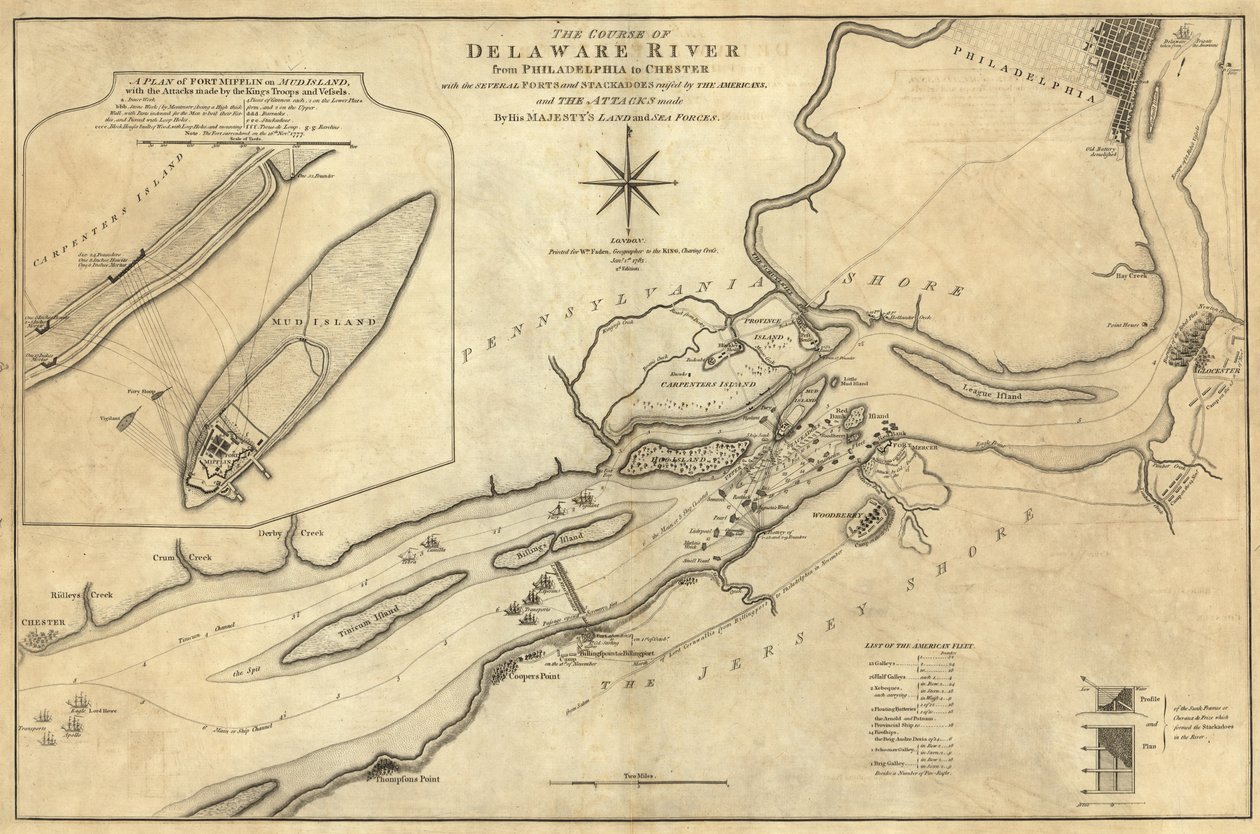 Løpet av Delaware River fra Philadelphia til Chester av William Faden