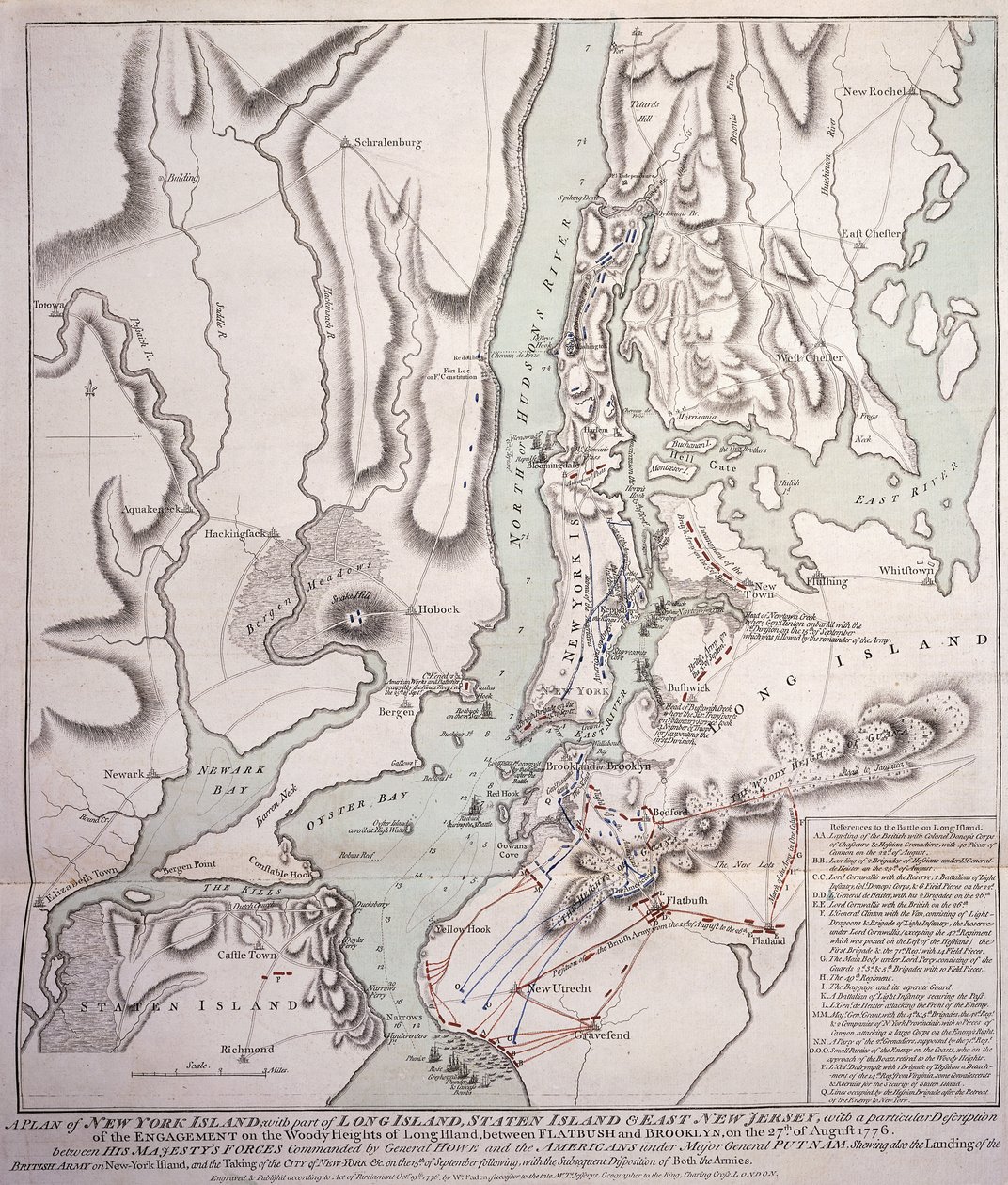 Plan for New York Island med deler av Long Island, Staten Island og East New Jersey og engasjementet på Woody Heights of Long Island mellom de britiske styrkene, under kommando av general Sir William Howe av William Faden