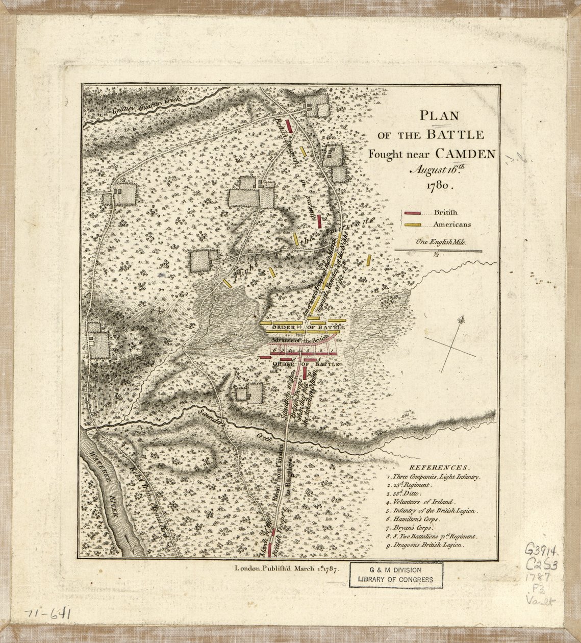 Plan for slaget utkjempet nær Camden, 16. august av William Faden