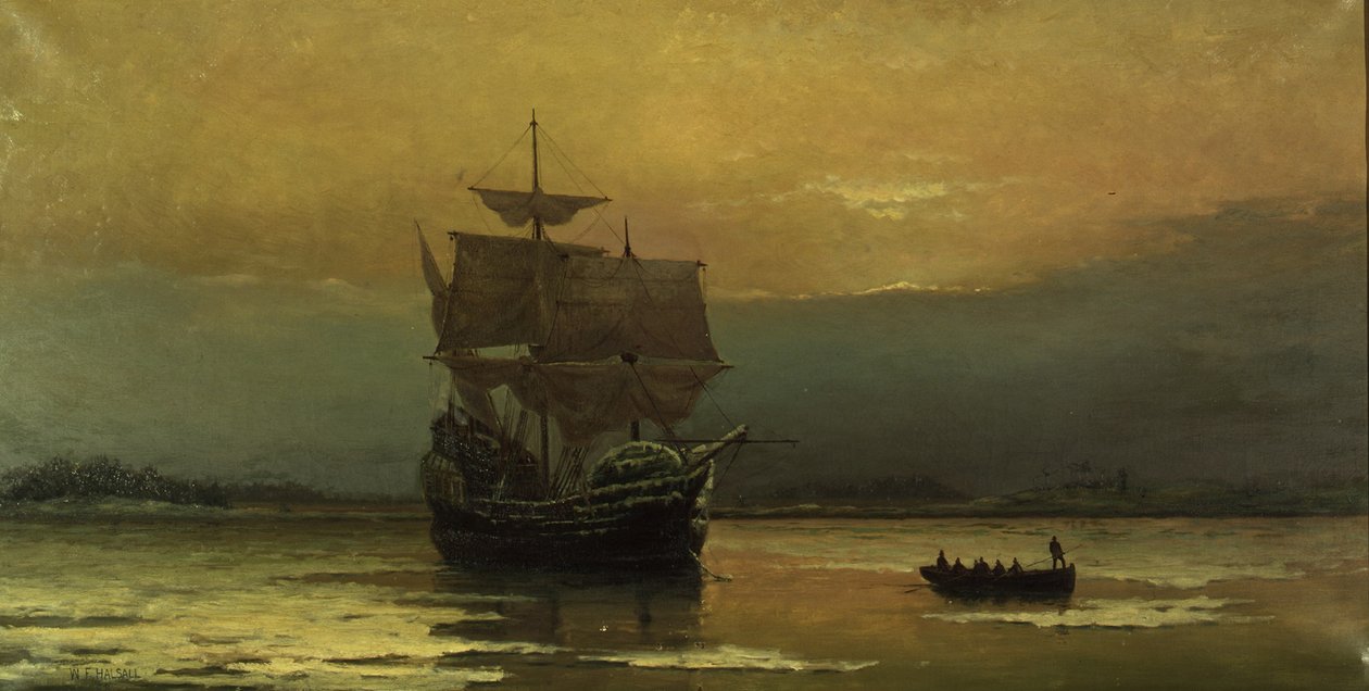 Mayflower ved hennes ankomst til Plymouth Harbor, 1882. av William Formby Halsall