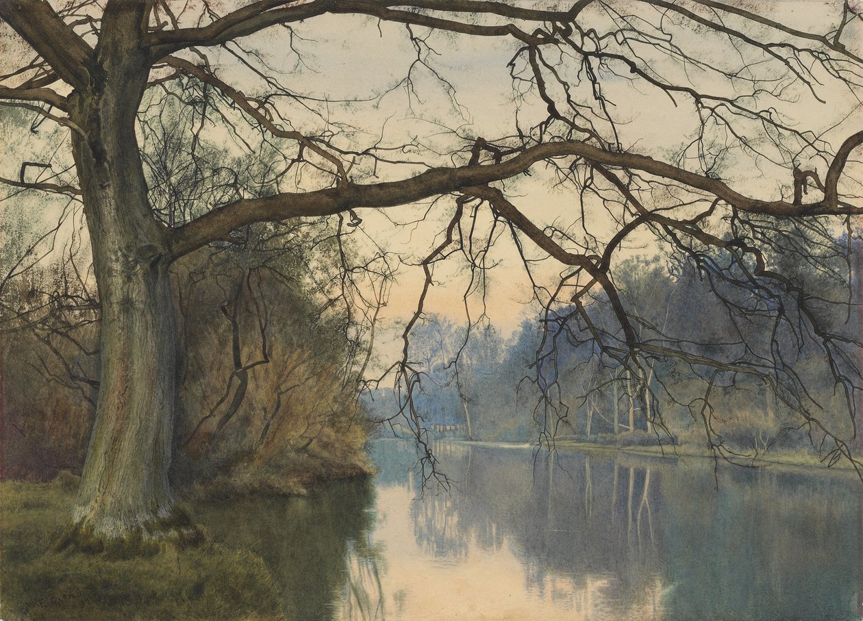 Et stort tre på en elvebredd, 1892 av William Fraser Garden