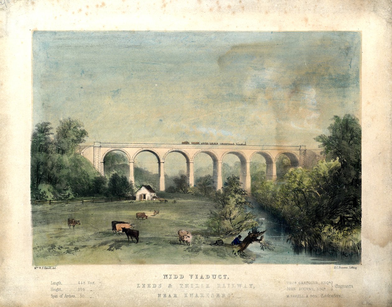 Nidd Viaduct, Leeds and Thirsk Railway, nær Knaresbro', ca. 1850 (farget litho på papir) av William Frederick Faviell