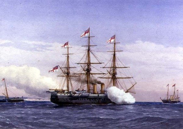 H.M.S. Bacchante med H.M. Yacht Osborne av William Frederick Mitchell