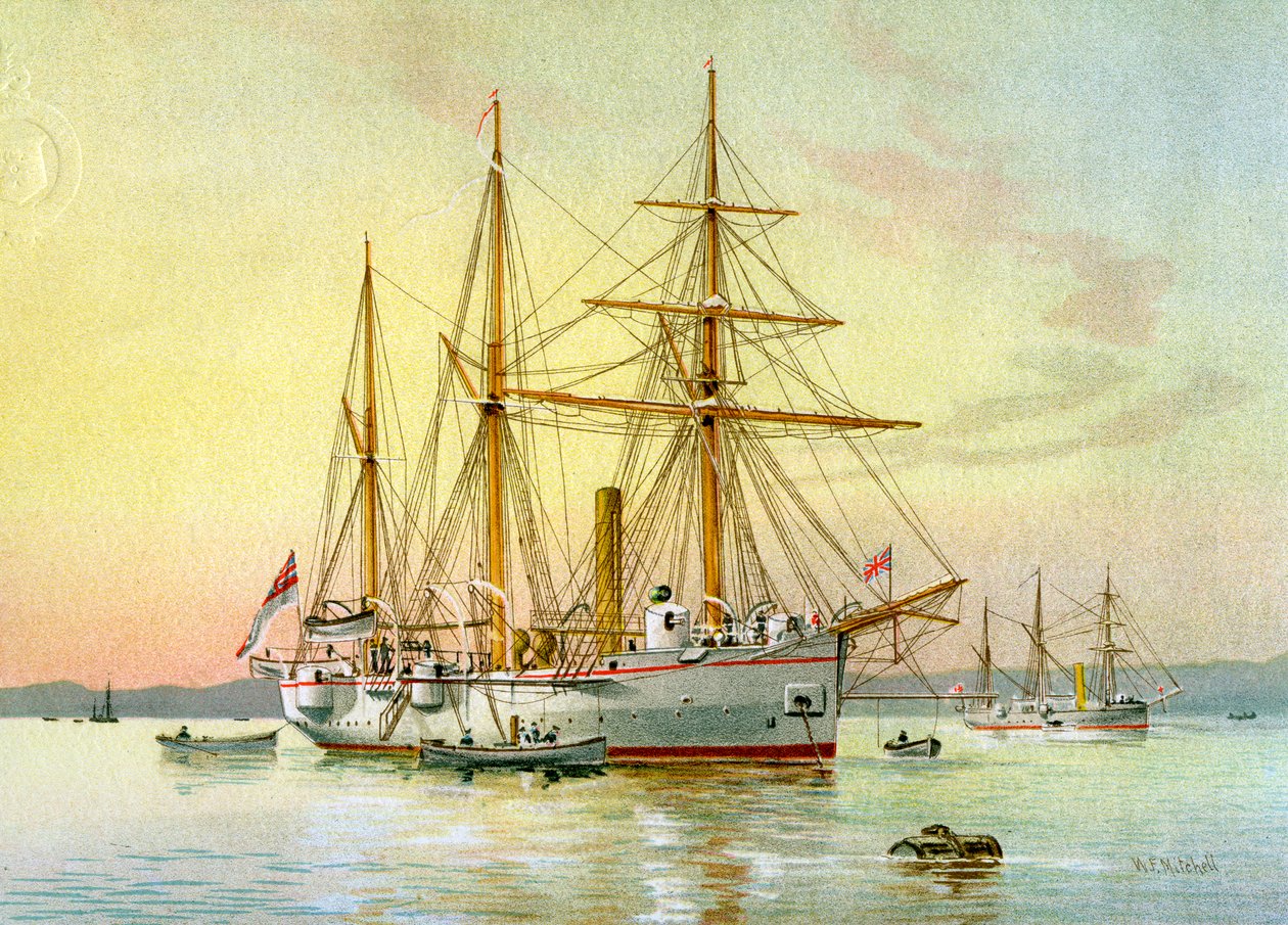 HMS Bramble, Royal Navy 1. klasse kanonbåt, c1890-c1893. av William Frederick Mitchell