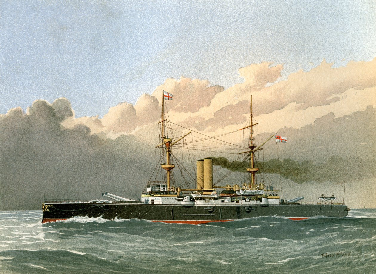 HMS Royal Sovereign, Royal Navy 1. klasse slagskip, c1890-c1893. av William Frederick Mitchell