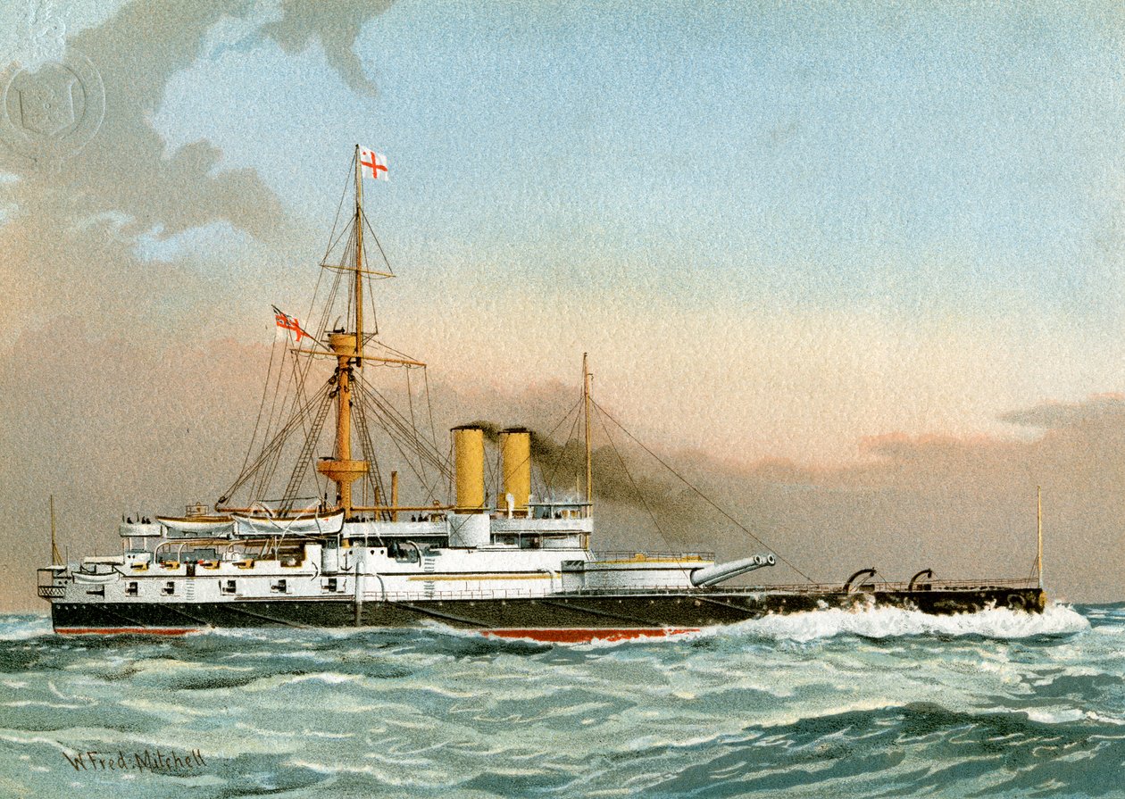 HMS Victoria, Royal Navy 1. klasse slagskip, c1890-c1893. av William Frederick Mitchell