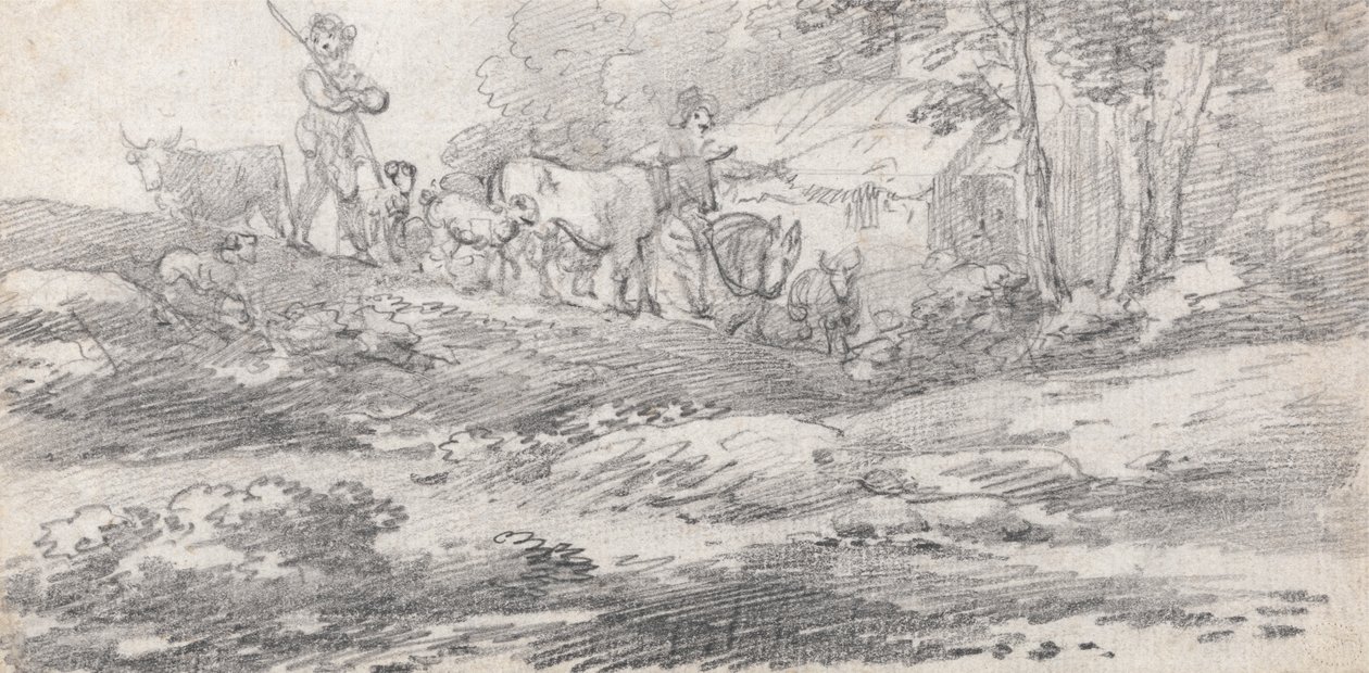 Landskap med figurer og storfe av William Frederick Wells