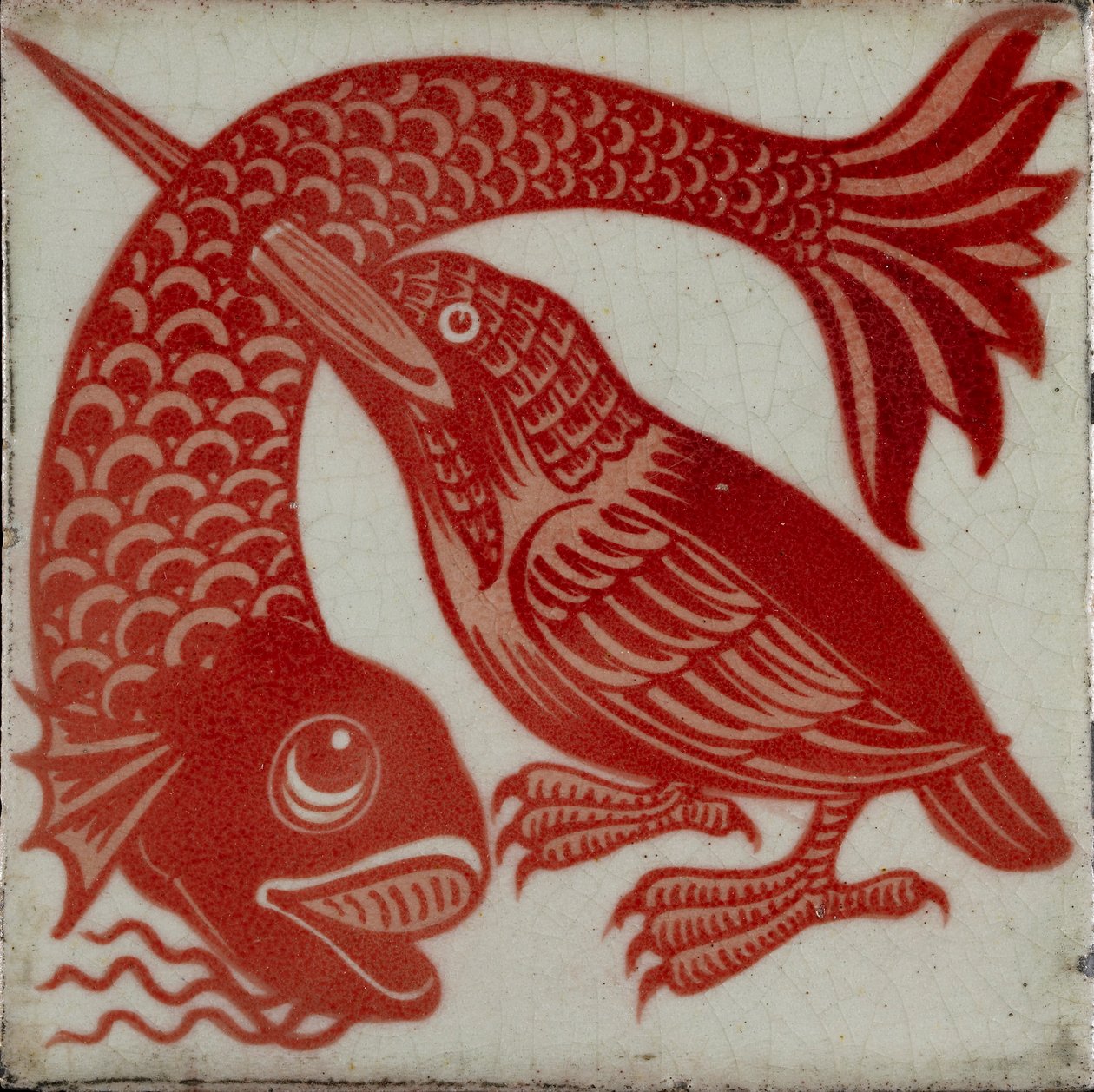 Tegl med isfugl med nebb gjennom fisk, 1882-1888 av William Frend De Morgan