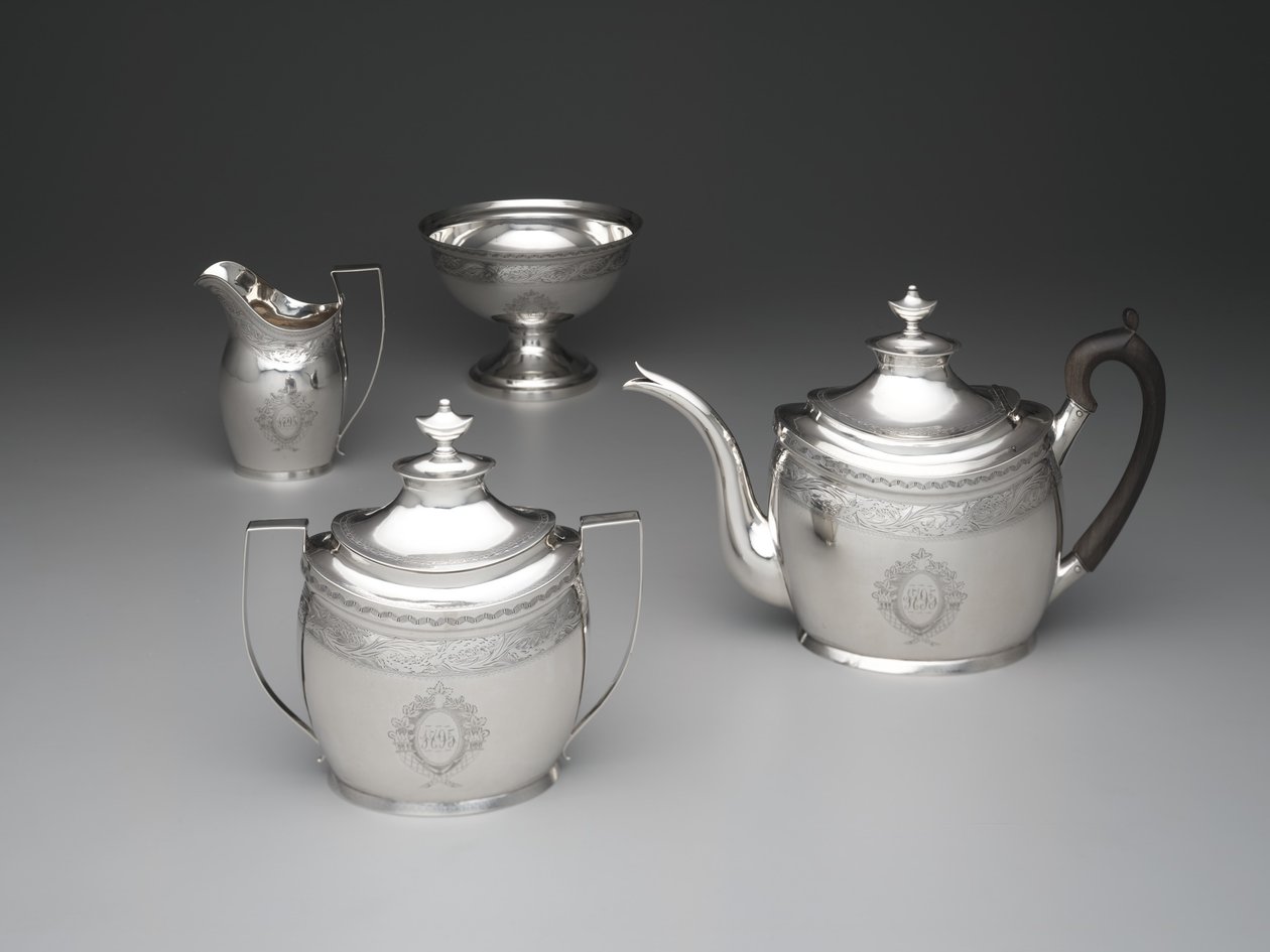 Tekanne, fløtekanne, avfallsskål og sukkerskål, ca. 1795 (sølv og løvtre) av William Garret Forbes