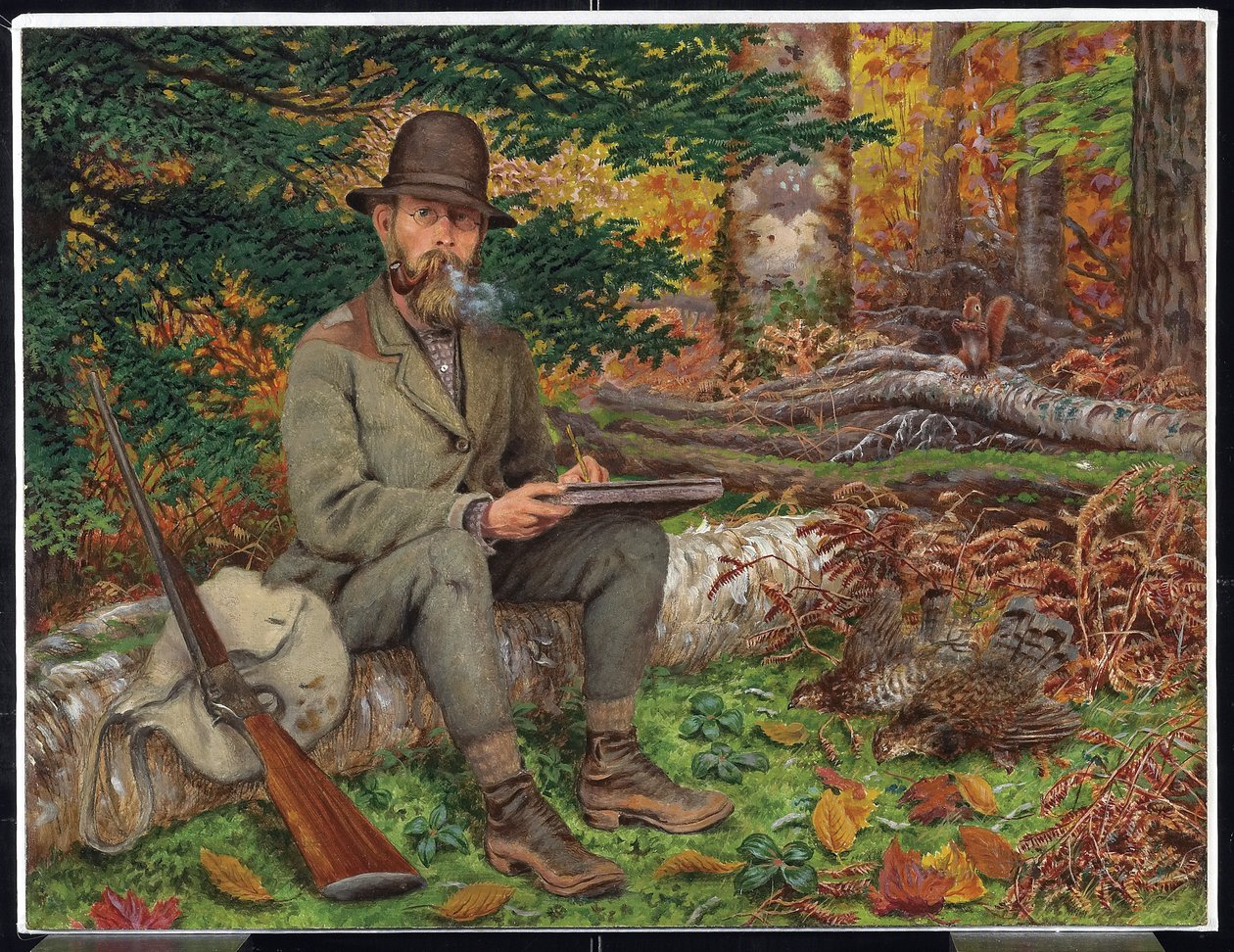 Selvportrett i jaktutstyr, ca. 1875 (olje og grafitt på papir på laminert fiberplate) av William George Richardson Hind