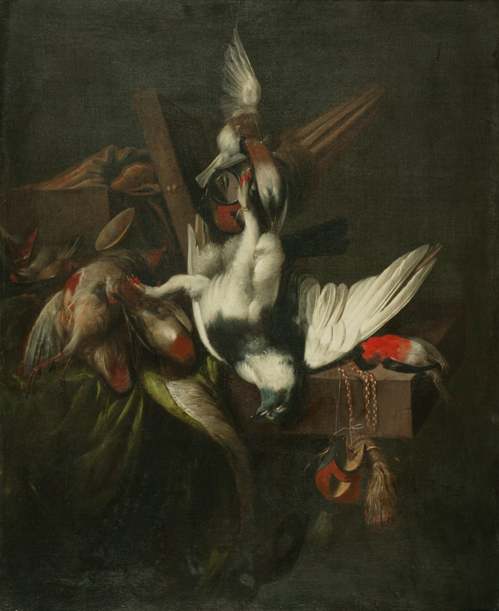 Stilleben med Dead Pigeon, Finches og Falcons' Hoods (olje på lerret) av William Gowe Ferguson