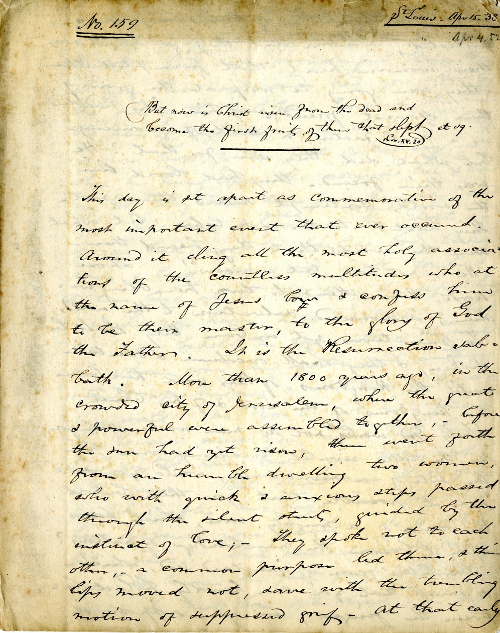 Manuskript for preken nr. 159 av William Greenleaf Eliot, 15. april 1838 av William Greenleaf Eliot