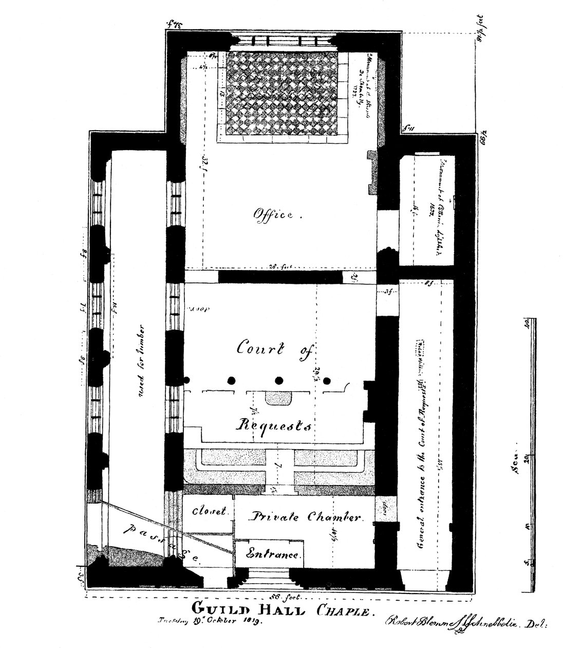 En plan for Guildhall Chapel, King Street, Cheapside, London, 1819 1886. av William Griggs