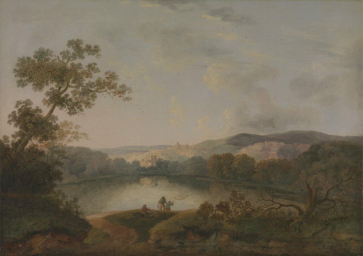 Utsikt over en innsjø med fiskere av William Groombridge