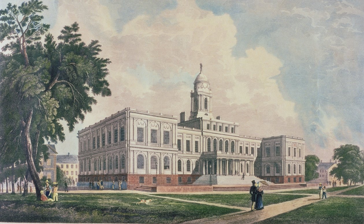 Rådhuset, gravert, trykt og fargelagt av I. Hill, 1826 av William Guy Wall
