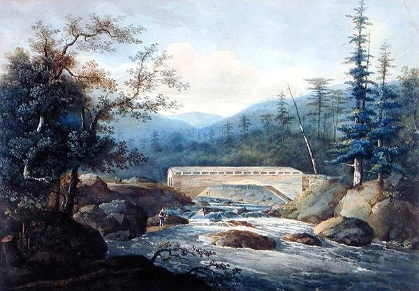 Dekket bro over Sacandaga River, Hadley, NY, ca. 1820 (grafitt og akvarell på papir) av William Guy Wall