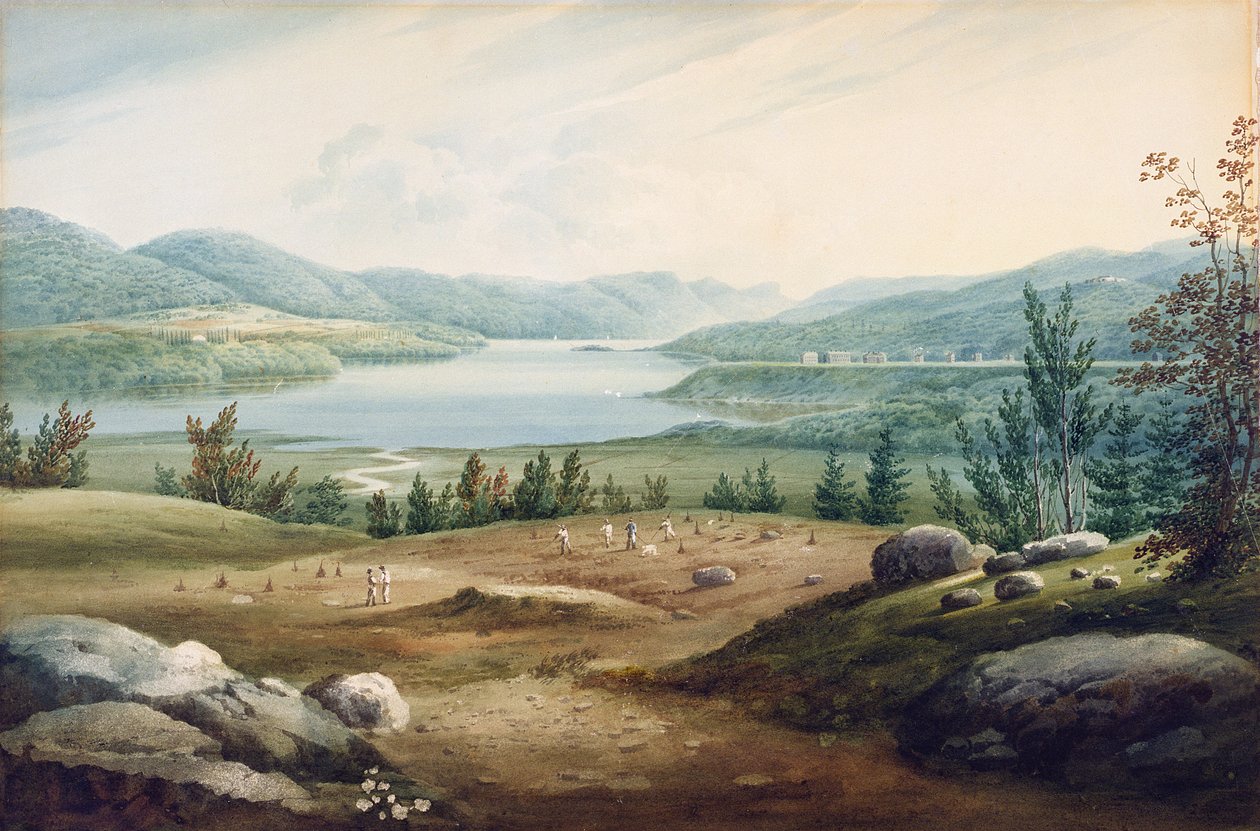Hudson River ved West Point, New York, 1820 (wc på papir montert på papp) av William Guy Wall