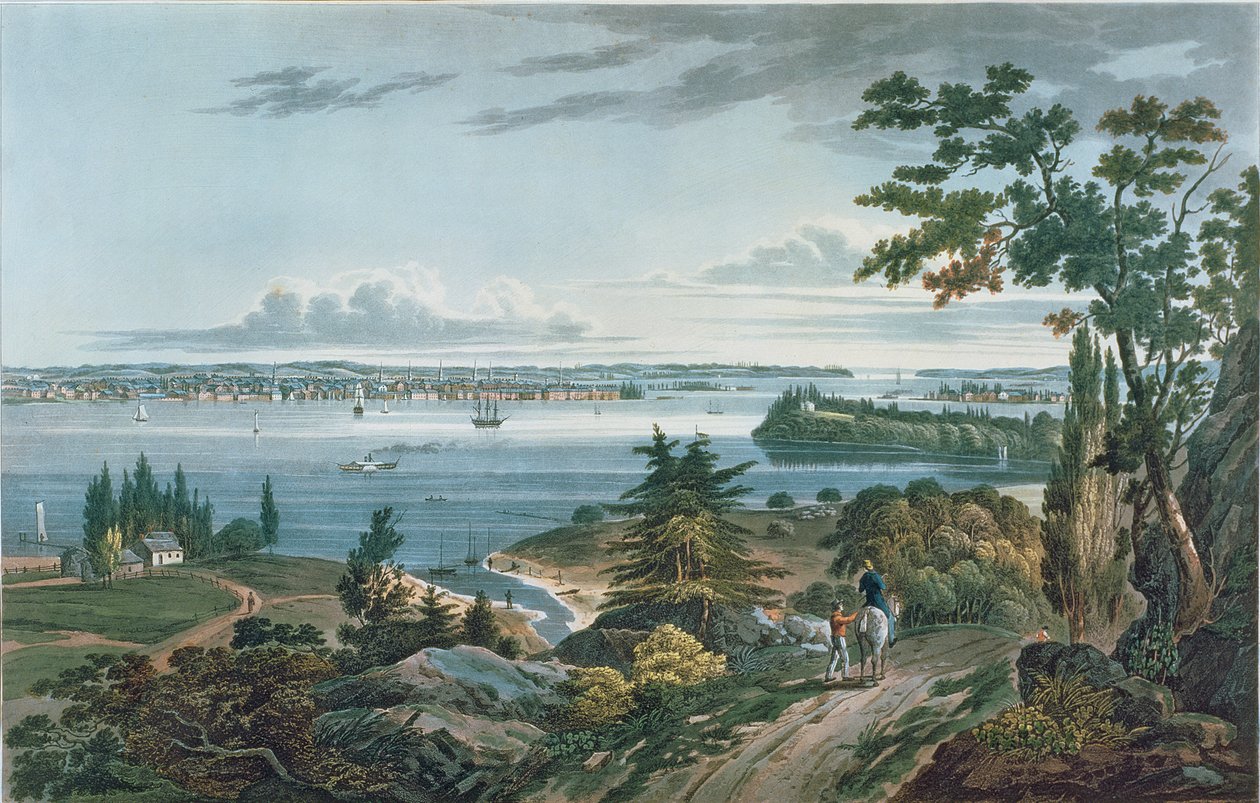 New York fra Weehawk, gravert av I. Hill, 1820-3 (fargeakvatint) av William Guy Wall