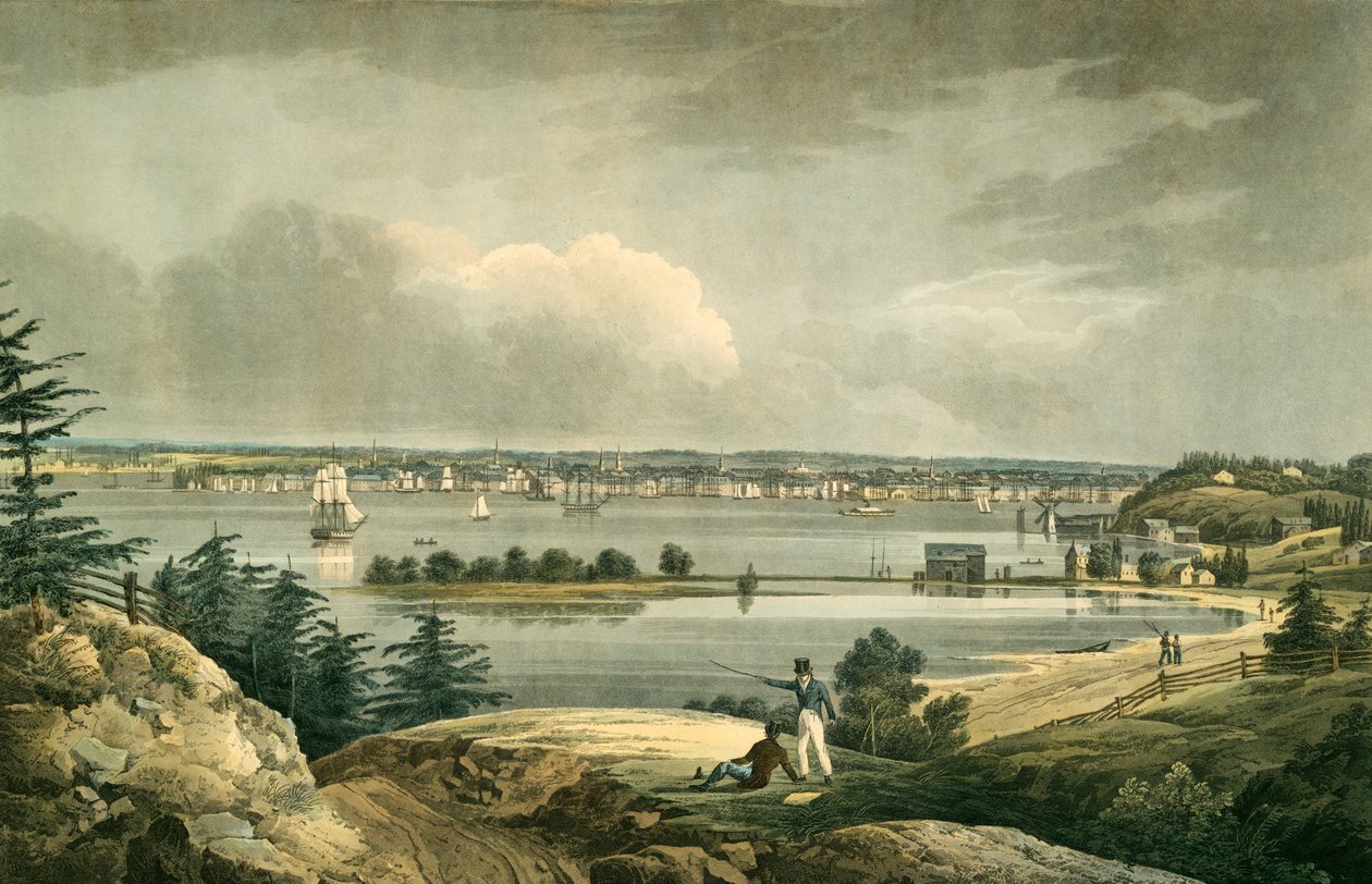 New York fra Heights nær Brooklyn, pub. 1828 (håndfarget gravering) av William Guy after Wall