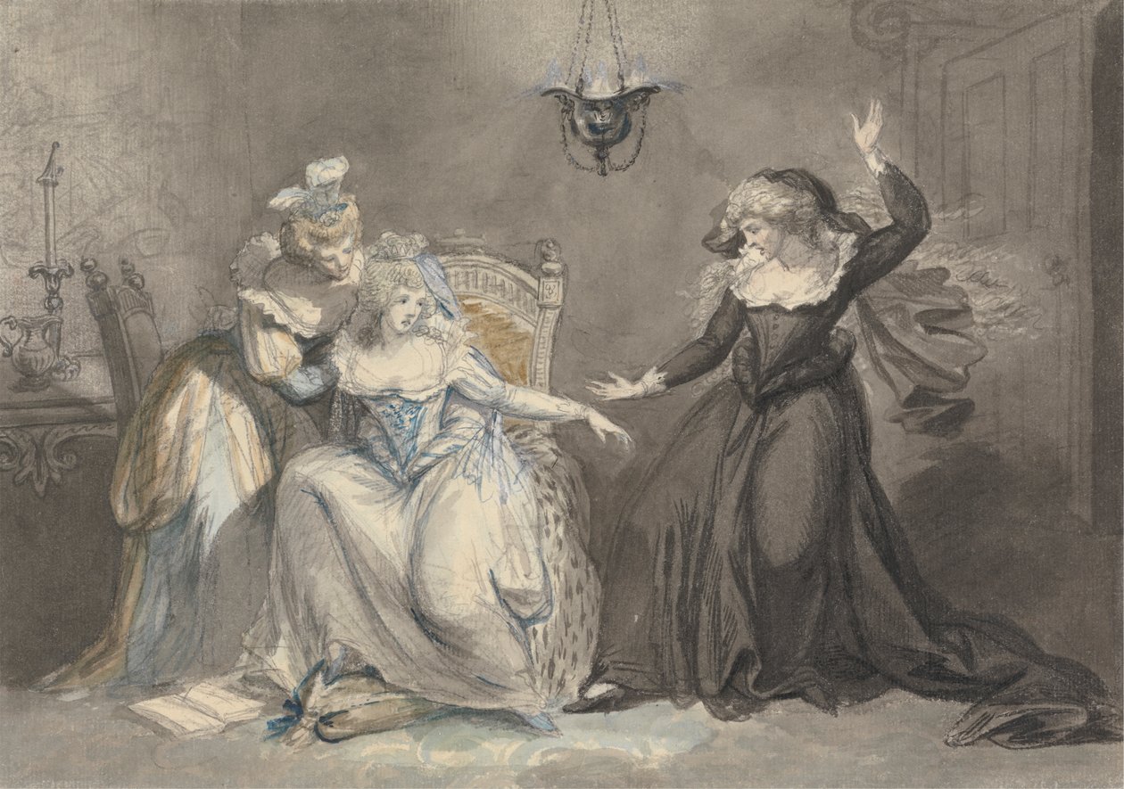 En dramatisk scene med tre kvinner i et interiør av William Hamilton