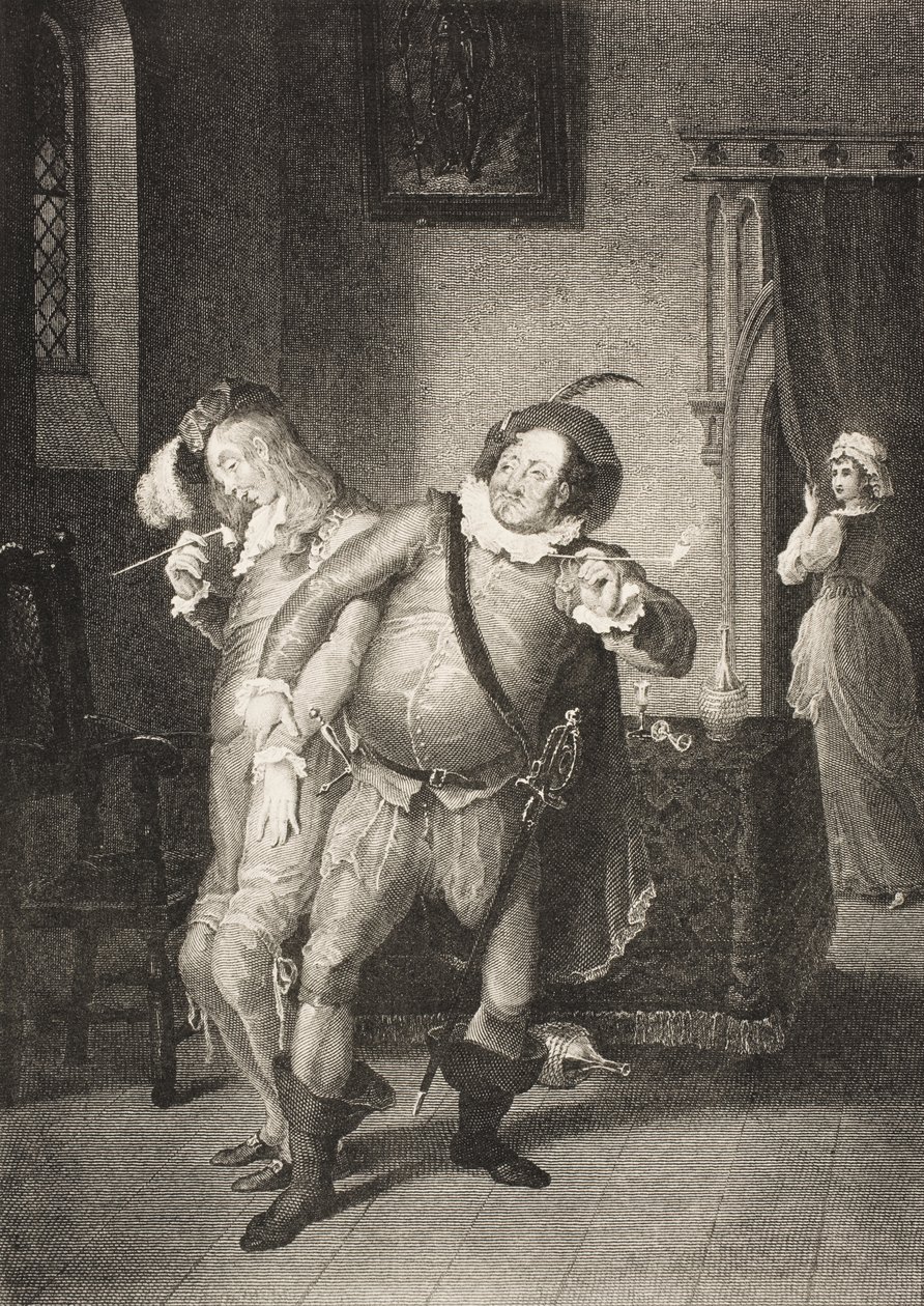 Olivias hus, Act II, Scene III, fra 'Twelfth Night, Or What You Will', fra The Boydell Shakespeare Gallery, utgitt sent på 1800-tallet av William Hamilton