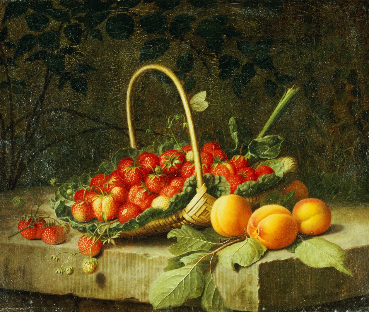 En kurv med jordbær med fersken på en steinhylle, 1856 av William Hammer