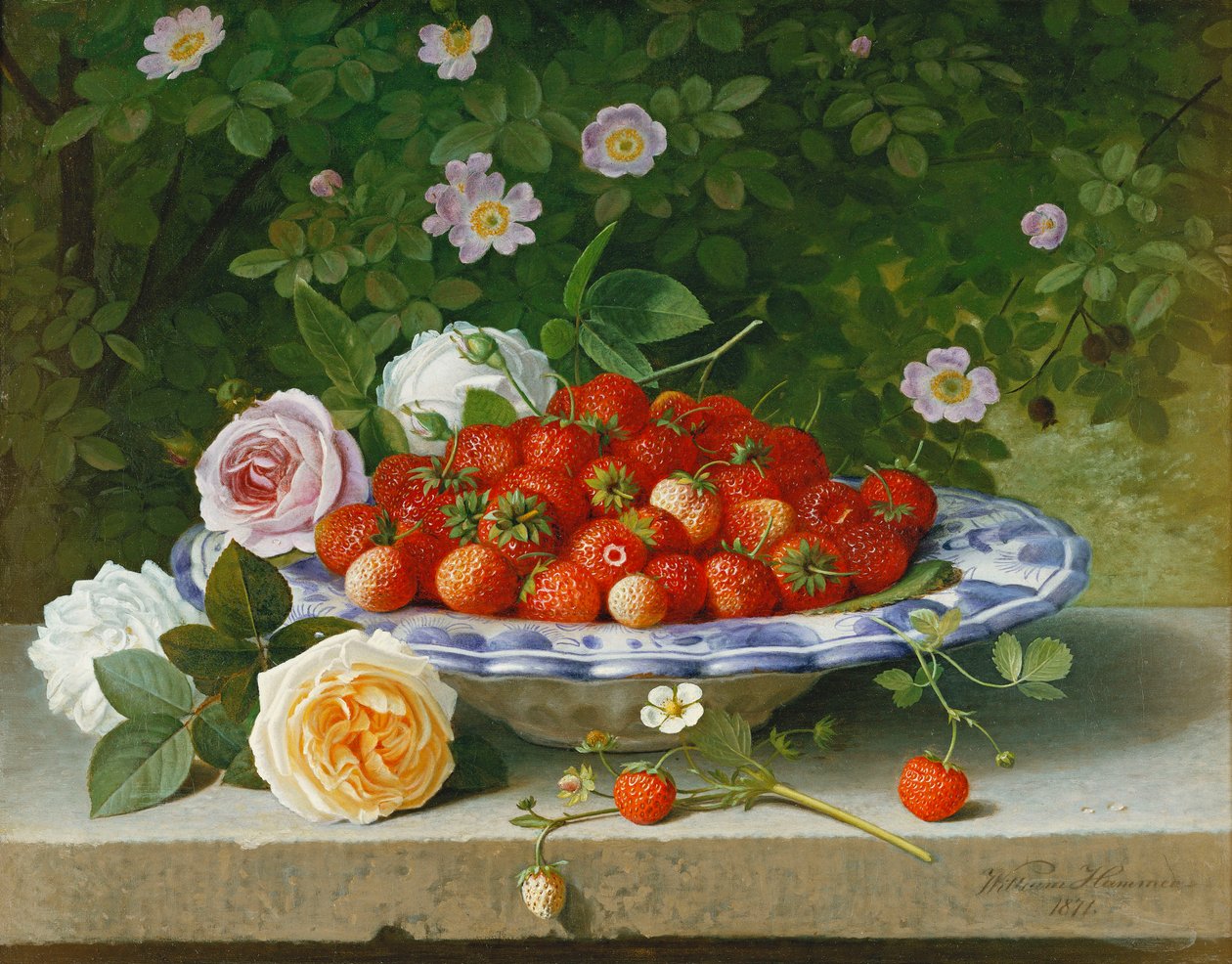 Jordbær i en blå og hvit bøtte med roser og søt briar på en hylle, 1871 av William Hammer