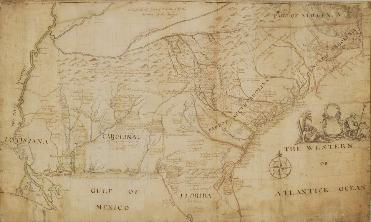 Kart over den sørøstlige delen av Nord-Amerika, 1721 (penn og blekk og vask på papir) av William Hammerton