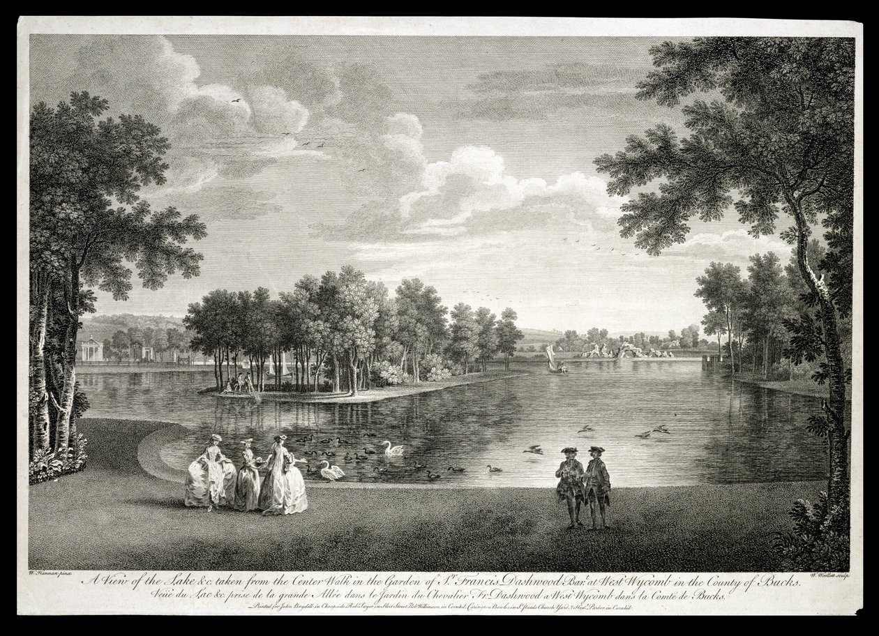 Utsikt over innsjøen fra Centre Walk i hagen ved West Wycombe, Buckinghamshire, gravert av William Woollett (1735-85) av William Hannan