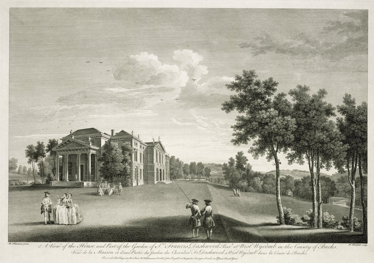 Utsikt over huset og en del av hagen i West Wycombe, Buckinghamshire, gravert av William Woollett (1735-85) av William Hannan