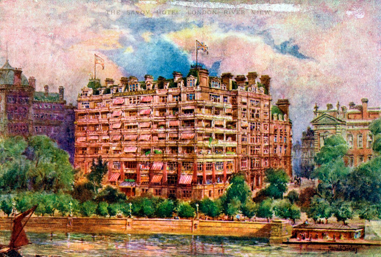 Savoy Hotel sett fra Themsen, London, 1905. av William Harold Oakley