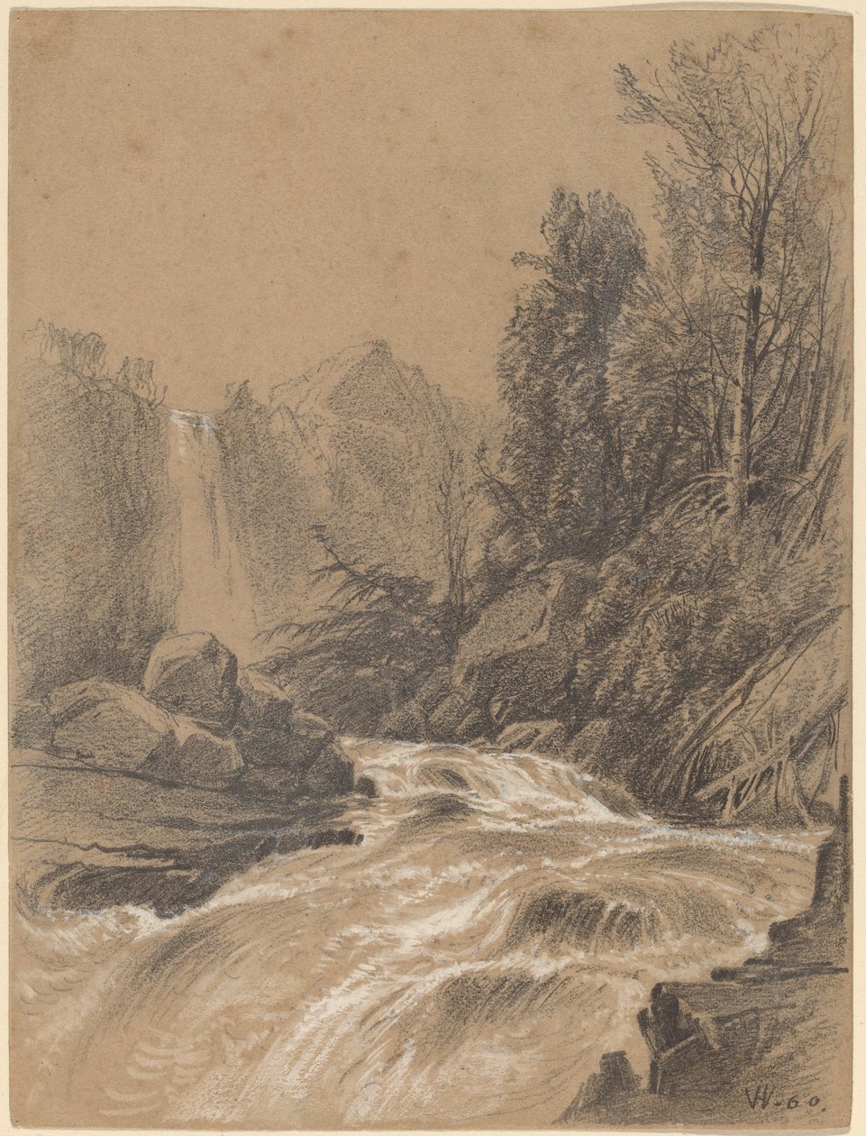 Fjelllandskap, bekk og foss av William Hart