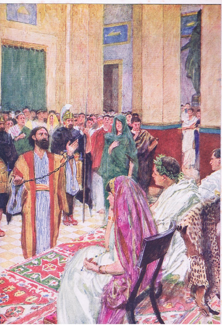 Paul før Agrippa, fra The Bible Story utgitt av Hodder & Stoughton, ca. 1930 (farge litho) av William Hatherell
