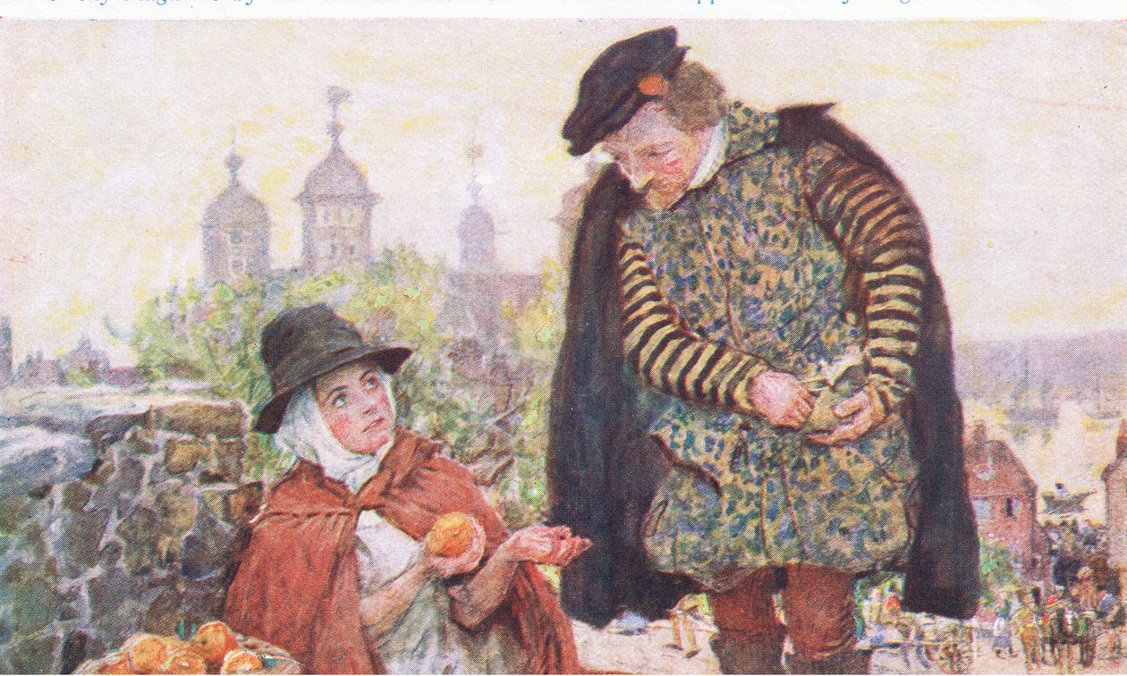 Shakespeare kjøper en appelsin fra en kvinne på Tower Hill, fra My Magazine, pub.1922 av William Hatherell