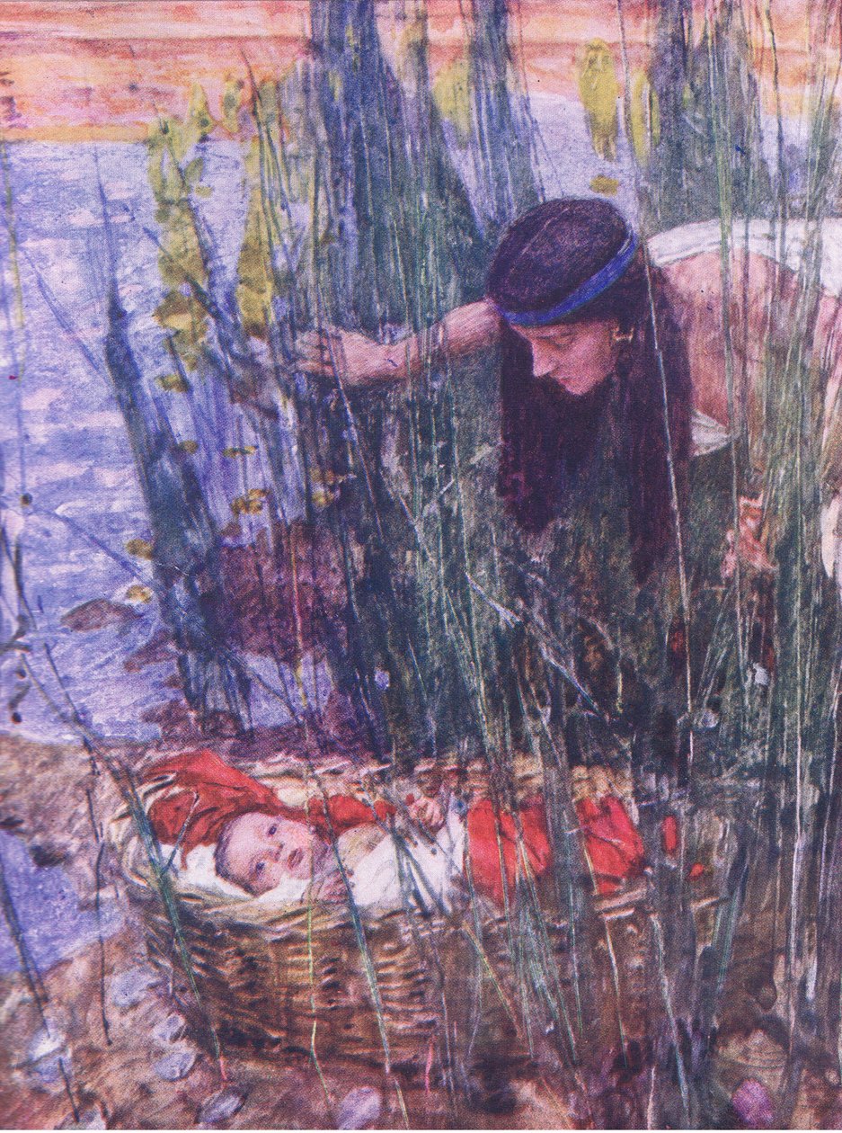 Funnet av Moses, fra The Bible Story utgitt av Hodder & Stoughton, ca. 1930 (farge litho) av William Hatherell