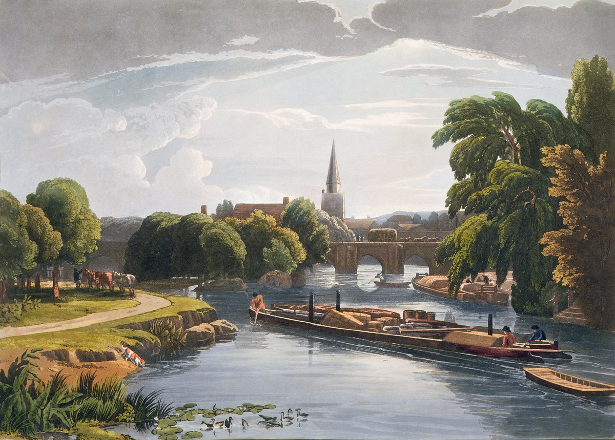 Abingdon Bridge and Church, gravert av Robert Havell den yngre (1793-1878) utgitt 1818 (akvatint) av William Havell